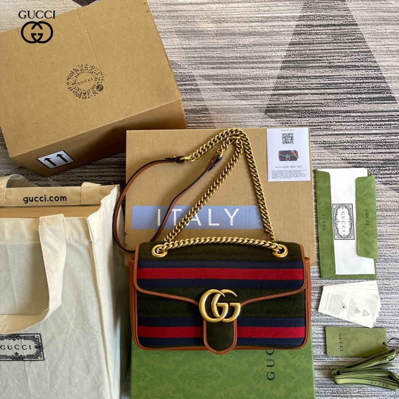 Gucci GG Marmont Series กระเป๋าถือผ้าขนสัตว์สีเขียวเข้มแฟชั่น Temperament Chain Bag