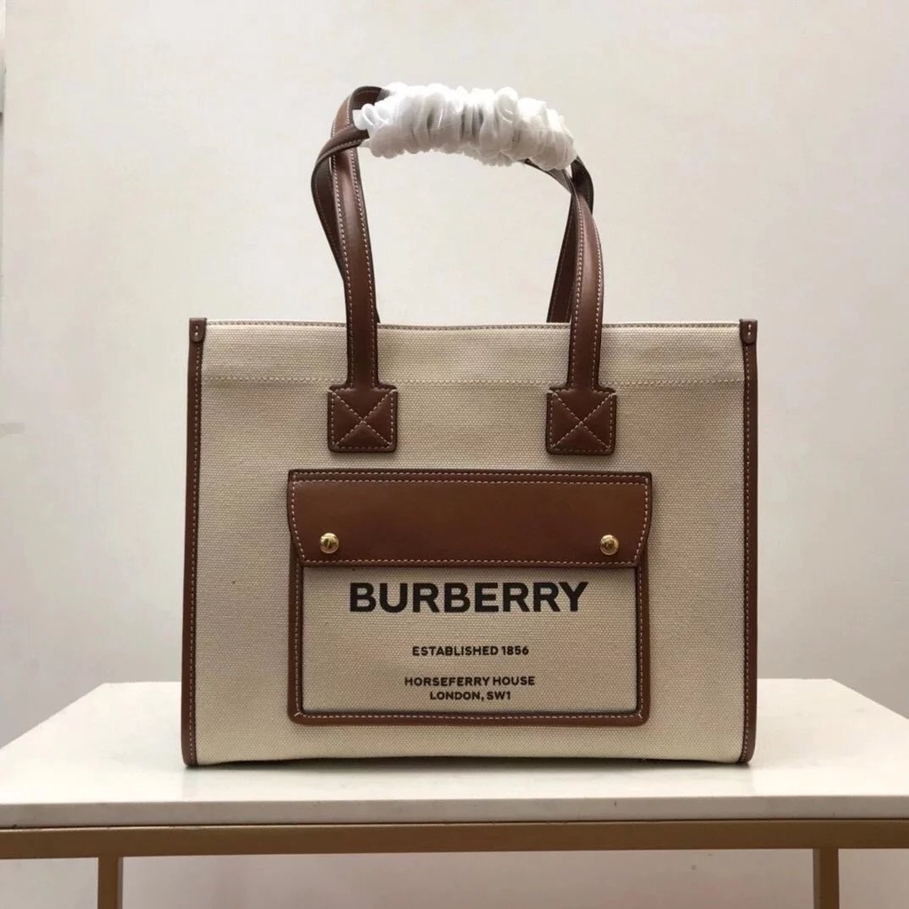 Burberry Mini Two Tone Canvas &amp; Leatherette Freya Italian Crafted Tote กระเป๋าสะพายข้าง Crossbody Bag