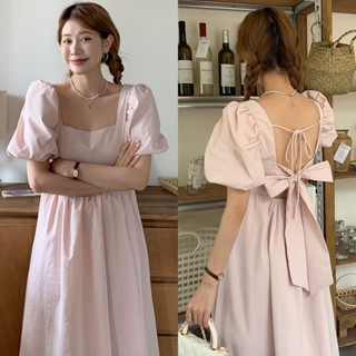 พร้อมส่ง เดรสกระโปรงยาวระบายสีชมพู 🍨 ผูกโบว์หลัง D154