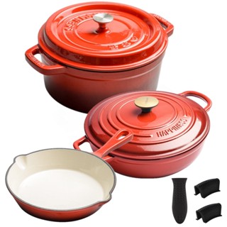 【จัดส่งในไทย/2ชิ้นจัดส่งฟรี】Enameled Cast Iron Dutch Oven+Enameled Cast Iron Casserole Dish+ Enameled Cast Iron Skillet