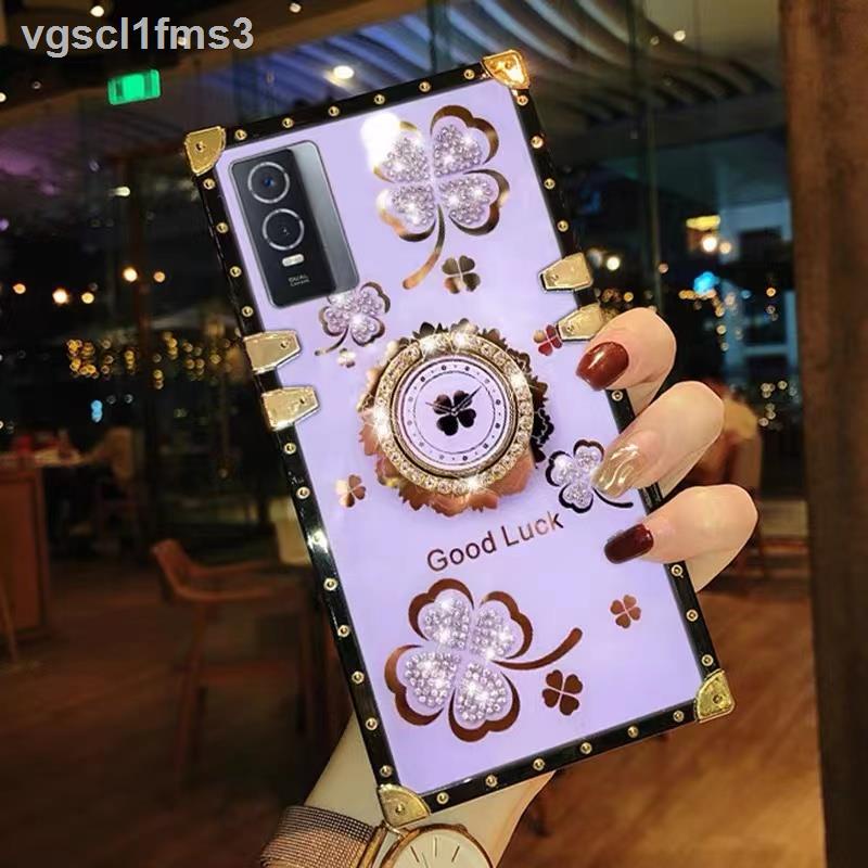 ✠⊕▧Phone Case Vivo Y76S Y76 5G Clover Square Ring Holder Back Cover Anti-Collision Protective