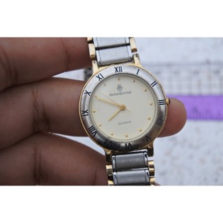 นาฬิกา Vintage มือสองญี่ปุ่น SANDOZ ระบบ QUARTZ ผู้หญิง ทรงกลม กรอบทอง หน้าขาว หน้าปัด 30มม