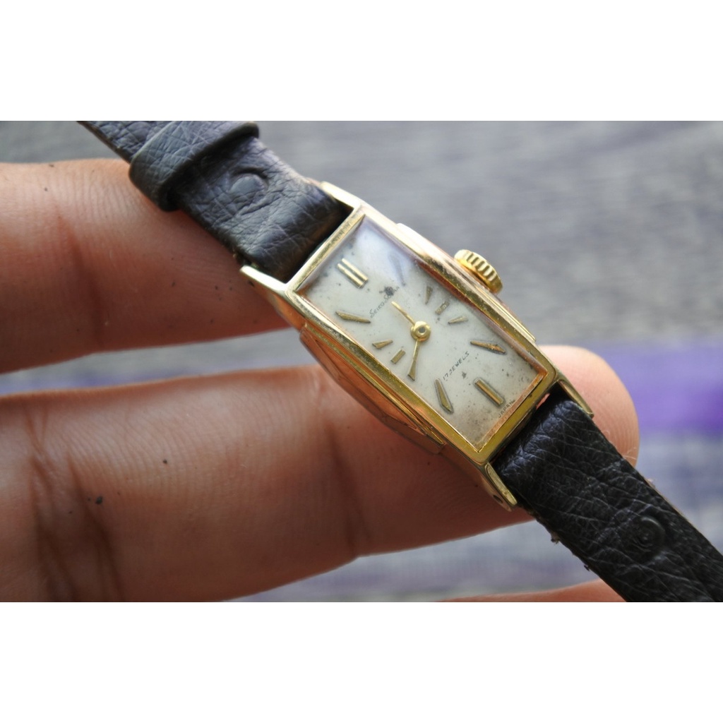 นาฬิกา Vintage มือสองญี่ปุ่น SEIKO ชุบทอง 20MICRON ระบบ ไขลาน ผู้หญิง ทรงสี่เหลี่ยม กรอบทอง หน้าปัด 16มม