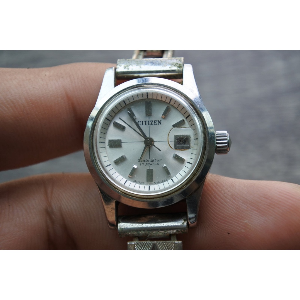 นาฬิกา Vintage มือสองญี่ปุ่น CITIZEN DateStar ระบบ AUTOMATIC ผู้หญิง ทรงกลม กรอบเงิน หน้าขาว หน้าปัด 27มม