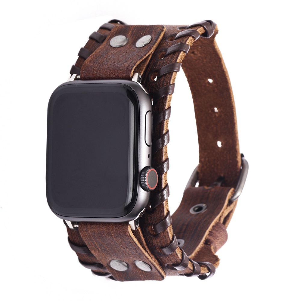 สายนาฬิกา applewatch PUNK ทอสร้อยข้อมือหนังแท้สำหรับ Apple Watch Band 40mm 41mm 42mm 44mm 45mm 49mm สาย iWatch Series 3