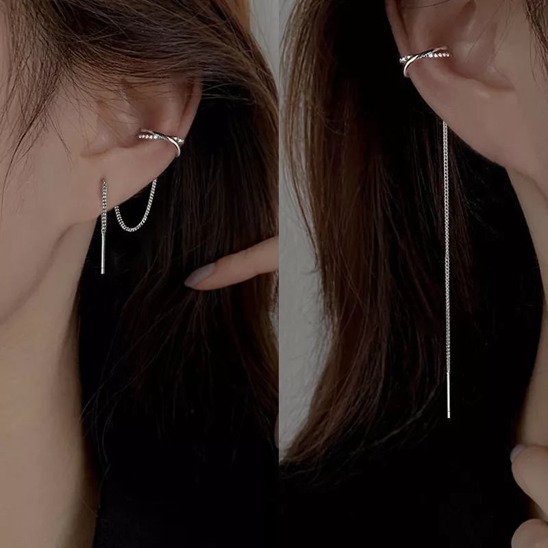 X ต่างหูหนีบมินิมอล มีโซ่คล้อง • Crystal Chain Ear Cuff ราคา ถูกที่สุด ดีลบีเคเค รูปภาพหลัก