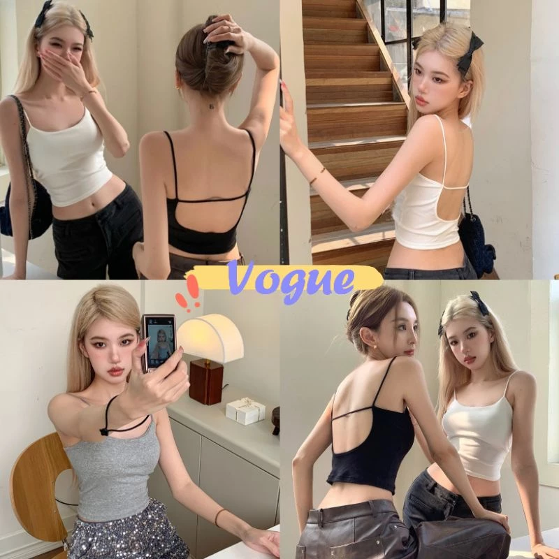 Vogue🌟พร้อมส่ง🌟 เสื้อสายเดี่ยว เว้าด้านหลัง มีฟองน้ำ ยืดกำลังดี (FY2865) -H