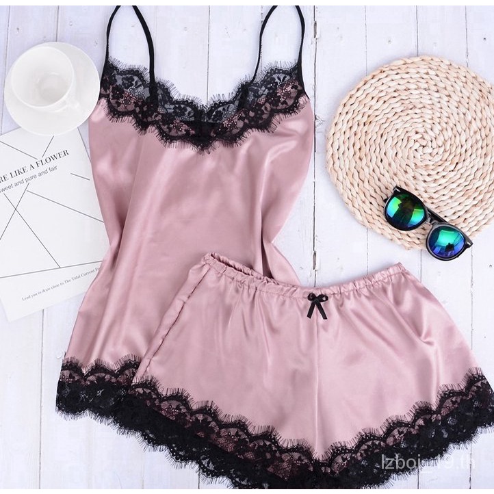 ชุดนอน เสื้อสายเดี่ยว พร้อมกางเกง ขาสั้น ประดับลูกไม้ สำหรับสตรี Women’s pajamas 【LittleStar19】 ราคา ถูกที่สุด ดีลบีเคเค รูปภาพหลัก