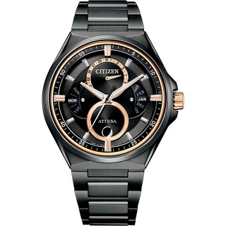 Citizen Watch Attesa Eco-Drive Ring ปฏิทินวงแหวน พลังงานแสงอาทิตย์ Act Line Triple Calendar Moon Phase Bu0065-64E สีดํา สําหรับผู้ชาย