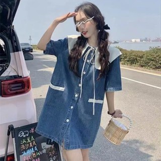 Yuexun [Douyin Boom] Doll collar bow dress female 2023 new fashion tie short-sleeved denim skirt, extra large size 300 catties