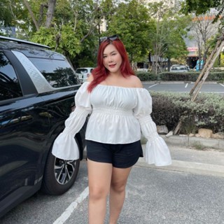 Plus size ปาดไหล่สมอคเอวแขนยาว ผ้ามอสเครป สาวอวบ