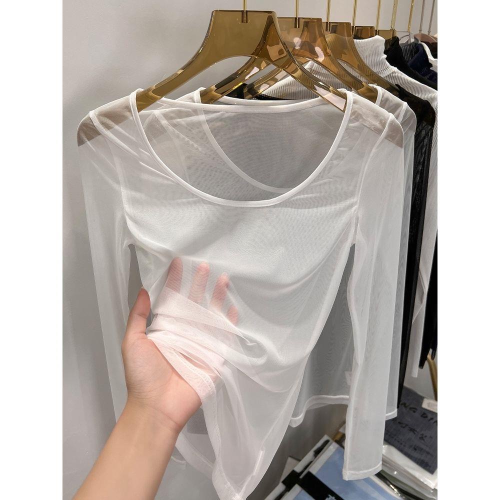 Yuexun เสื้อแขนยาว ผ้าตาข่าย ซีทรู ลูกไม้ เซ็กซี่ สีดํา สีขาว สําหรับผู้หญิง