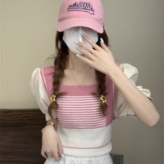 พร้อมส่ง✨เสื้อไหมพรมแขนพองเย็บสีชมพูสไตล์เกาหลีสวยหรูใหม่เข้ารูปสลิมสไตล์มหาลัยคอเหลี่ยมเสื้อมี2สี