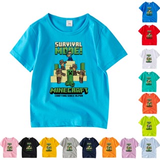 พร้อมส่ง เสื้อยืดแขนสั้น คอกลม ผ้าฝ้าย 100% ลายการ์ตูน Minecraft 7 สี สําหรับเด็ก AB003