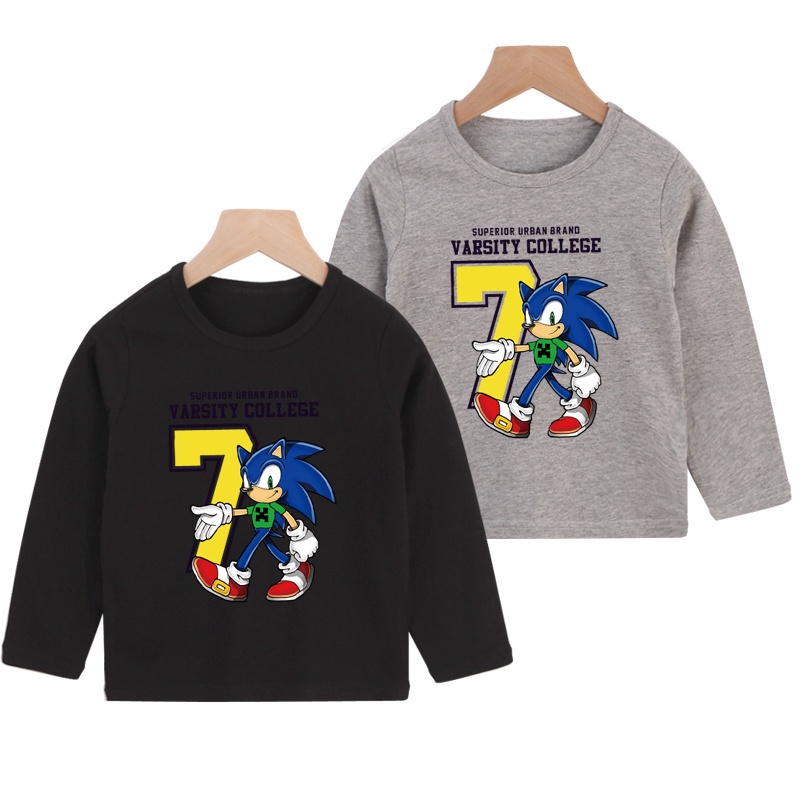 เสื้อยืดแขนยาวผ้าฝ้ายพิมพ์ลายการ์ตูน Sonic 7 สําหรับเด็ก 8 สี