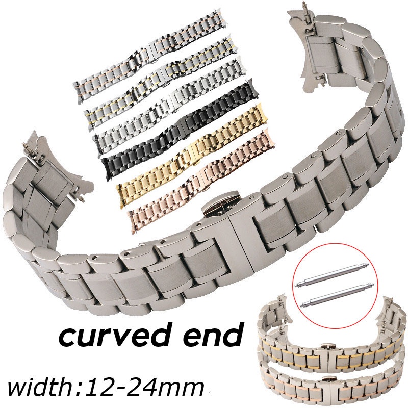 ❤❤❤ღღ12 14 15 16 17 18 19 20 21mm 22mm 23mm 24mm Watch Band Stainless Steel Curved End Watch Strap B