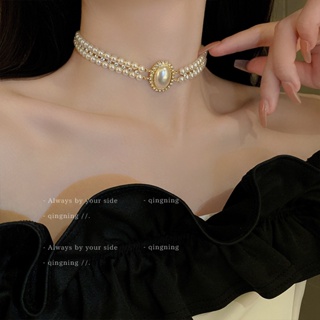 💞ขายใหญ่💞Light luxury niche high-level double-layer retro pearl necklace women 2023 new collarbone chain ชุดอุปกรณ์เสร