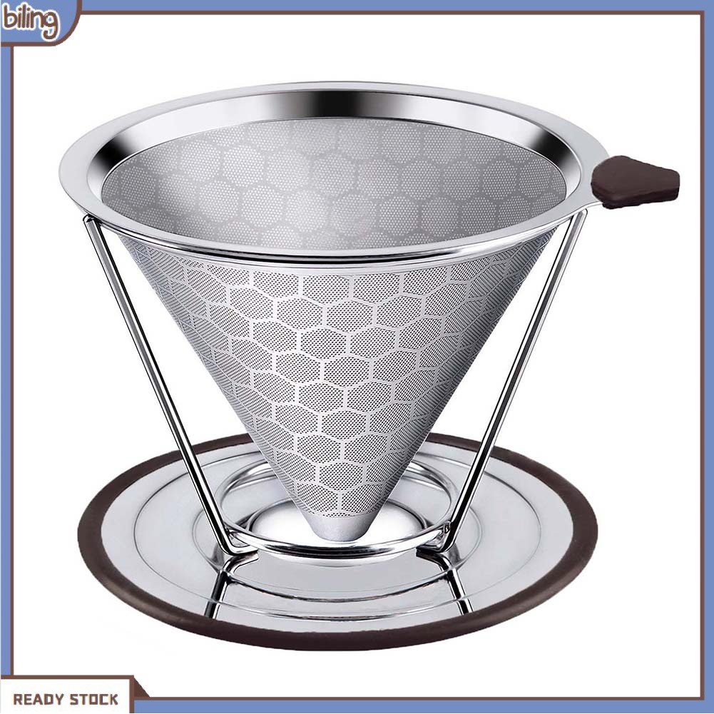 [biling] Stainless Steel Home Coffee Filter Reusable Pour Over Dripper Non-slip Strainer