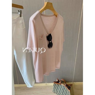 💞ขายใหญ่💞เสื้อผ้าผู้หญิงสไตล์ผู้ใหญ่, สไตล์ผู้ใหญ่, เสื้อยืดแขนสั้นผ้าไหมน้ำแข็งสีชมพูดูดีสุด ๆ, สไตล์ต่างประเทศ, การล