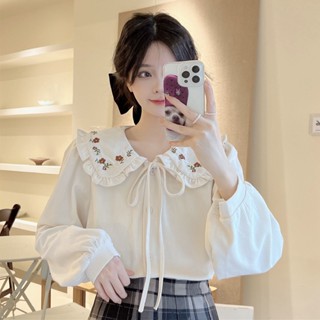 พร้อมส่ง✨แฟชั่นสไตล์เกาหลี เดรสคอตุ๊กตา แขนยาว พิมพ์ลาย ผูกโบว์ เสื้อน่ารัก ปักตุ๊กตา ผ้าลูกฟูก ผูกเอว เดรสแฟชั่น