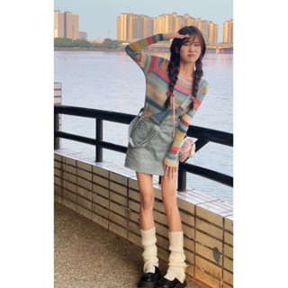 [Fashion Must-have] ชุดสูทเดนิม กระโปรงยีนสั้น ลายทาง สีรุ้ง แฟชั่นสําหรับผู้หญิง