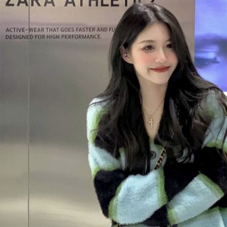 เสื้อกันหนาวแขนยาว คอวี ลายทาง สไตล์ญี่ปุ่น