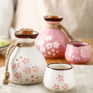 ▧Anfan ตกแต่งบ้าน Cherry Blossom เซรามิคถ้วยไวน์ขาว Retro Sake Cup ชุดไวน์ในครัวเรือนแก้วไวน์หม้อไวน์ขาวขวดไวน์