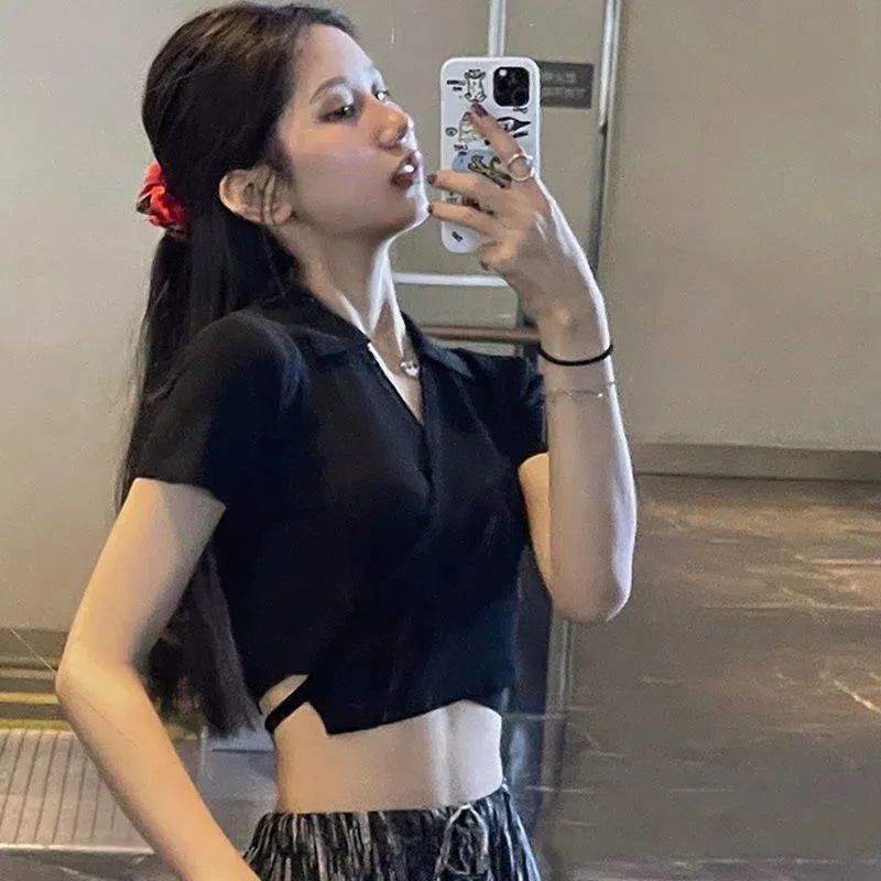 Toshow เสื้อยืดแขนสั้นผู้หญิงใหม่ Pure Desire Wind Ins สายไขว้การเพาะปลูกด้วยตนเองสาวร้อน Slim สะดือน้ำขึ้นน้ำลงสั้น