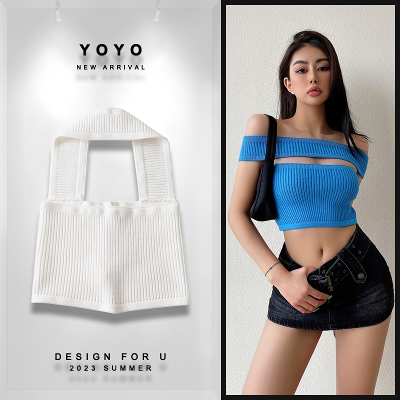 เสื้อคล้องคอผู้หญิง เสื้อครอปแขนกุด ทรงครอปสายฝอ Halter Design Streetwear Cropped Navel Wrap Tops