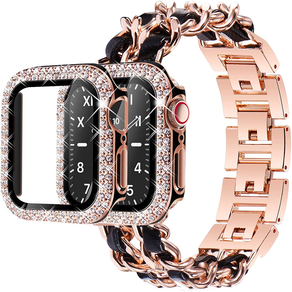 ❈Case+strap for Apple watch band 40mm 41mm 38mm 44mm 45mm 42mm 40 Metal Watchband Cuban Link Bracelet iWatch serie 3 5 6