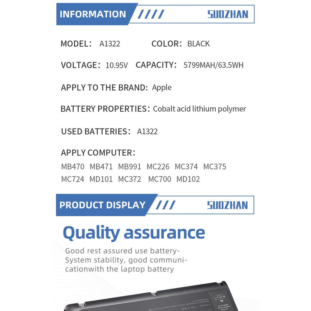 SUOZHAN แบตเตอรี่ A1322สำหรับ Apple MacBook Pro 13 "2009 2010 2011 2012 MB991LL /A MB990LL /A MB990J A1322 MD101 MD314