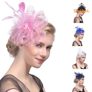 HOT_ Faux ไข่มุกตกแต่งพิมพ์ Fascinator หมวกโลหะคลิปตาข่ายดอกไม้ Feather Headwear อุปกรณ์เสริมผม