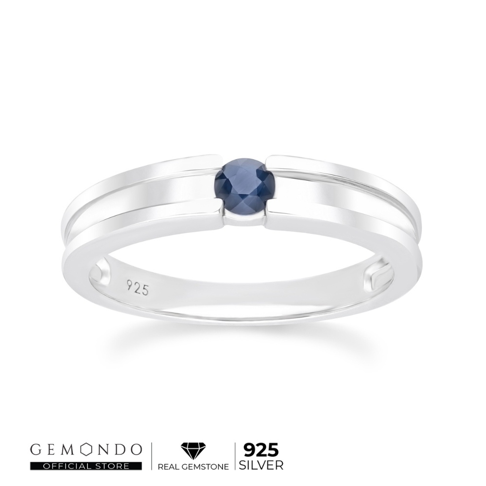 Gemondo แหวนเงินแท้ 925 ชุบโรเดียม ประดับไพลิน ขนาด 3.5 มม. สไตล์แหวนเม็ดเดี่ยว