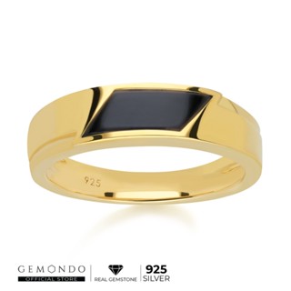 Gemondo แหวนเงินแท้ 925 Sterling Silver ชุบทอง 18K ประดับนิลดำ (Black Onyx) ทรงสี่เหลี่ยมด้านขนานขอบเงา