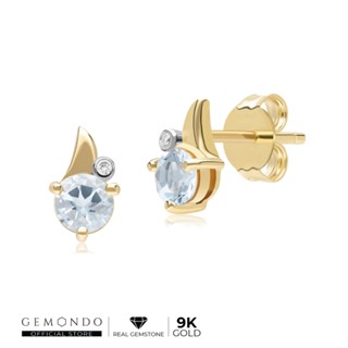 Gemondo ต่างหูทองคำ 9K ประดับอะความารีน (Aquamarine) และเพชร ดีไซน์ใบไม้ ทรงสตัด : ต่างหูทอง ต่างหูติดหู