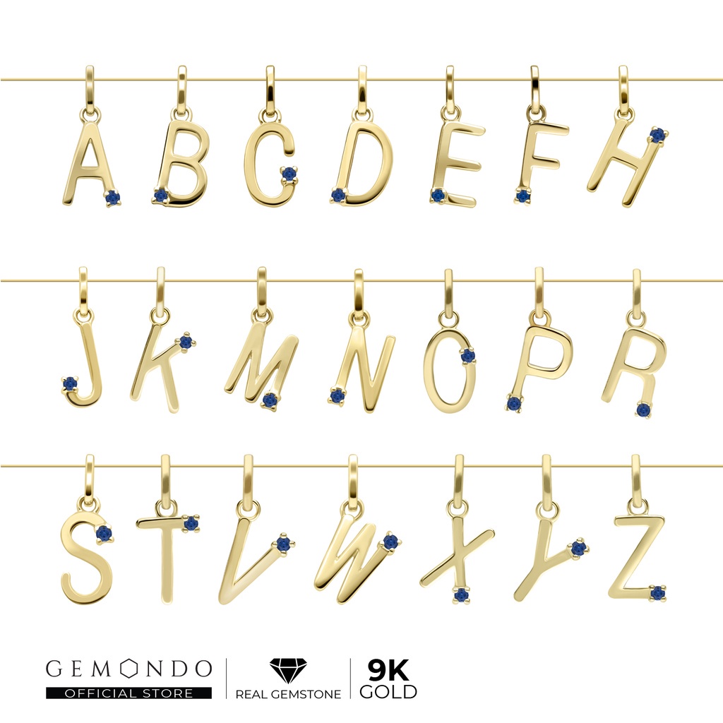 Gemondo จี้ทองคำแท้ 9 กะรัต (9K) ตัวอักษร A-Z ประดับไพลิน : จี้ตัวอักษร จี้ทองแท้ จี้ทองคำ ของขวัญ จี้พลอยแท้ พลอยไพลิน