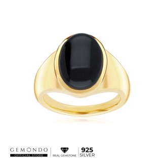 Gemondo แหวนผู้ชายเงินแท้ 925 ชุบทอง 18K ประดับหินแบล็คโอนิคส์ (Black Onyx) หรือนิลดำ คลาสสิค : แหวนนิล