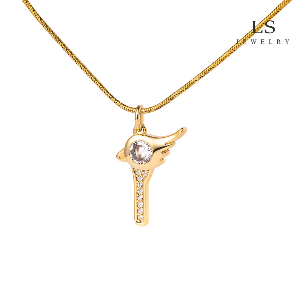 LS jewelry สร้อยคอสีทองจี้ไม้กายสิทธิ์ปีกประดับคริสตัล 18K โซ่สเนคเชน น่ารักสไตล์การ์ตูน สำหรับผู้หญิง 233n