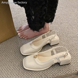 พร้อมส่ง 🍑รองเท้าแตะหนังสีขาว/น้ำตาล/เขียว Mary Janes หัวเหลี่ยม หนังนิ่ม สีทึบ ฝรั่งเศส หวาน วินเทจ ญี่ปุ่น นักเรียน ค