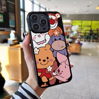 เคสโทรศัพท์ซิลิโคน TPU แบบนิ่ม ลายการ์ตูนหมีพูห์ กันกระแทก สีดําวาว สําหรับ iphone 14promax 11 13 12 7Plus 8 X XS Max