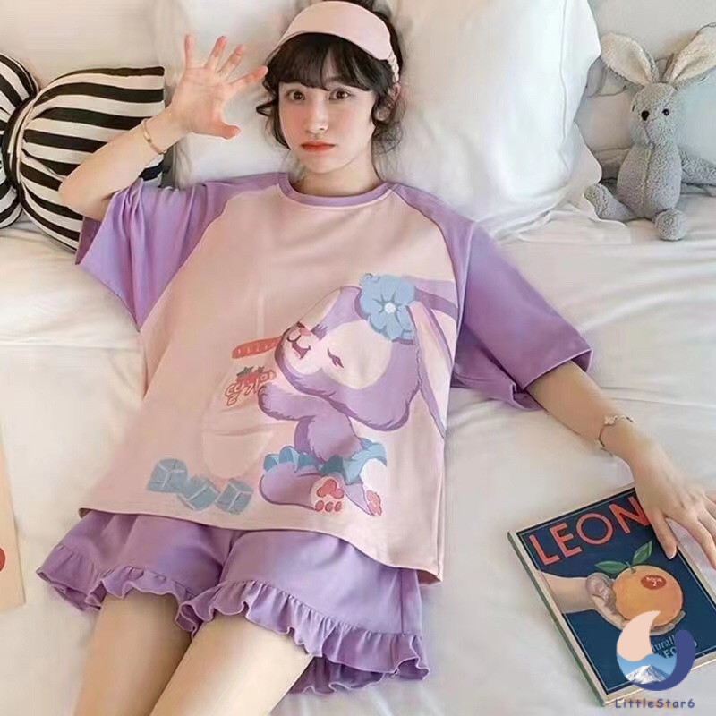 ชุดนอนผู้หญิง เสื้อแขนสั้น+ขาสั้น พิมพ์ลายการ์ตูน สไตล์เกาหลีน่ารัก ผ้าใยสังเคราะห์ Women's pajamas【LittleStar6】