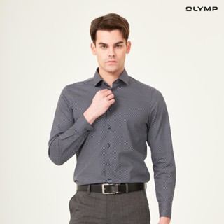 OLYMP GREEN CHOICE Level Five Shirt เสื้อเชิ้ตชายรักษ์โลก สีกรมท่าดำ ลายกราฟฟิกสีน้ำตาล ทรงพอดีตัว ยืดหยุ่นได้ดี รีดง่าย