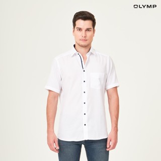 OLYMP LUXOR Shirt เสื้อเชิ้ตชาย แขนสั้นสีขาว แต่งปก ทรงหลวม ใส่สบาย รีดง่าย