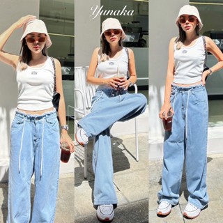 New Arrival !!!! Waist Drawstring Jeans  กางเกงยีนส์ขายาวทรงกระบอก ดีเทลขอบลุ้ยๆ เอวด้านหลังสม็อค มีเชือกรูดเอวปรับขนาด