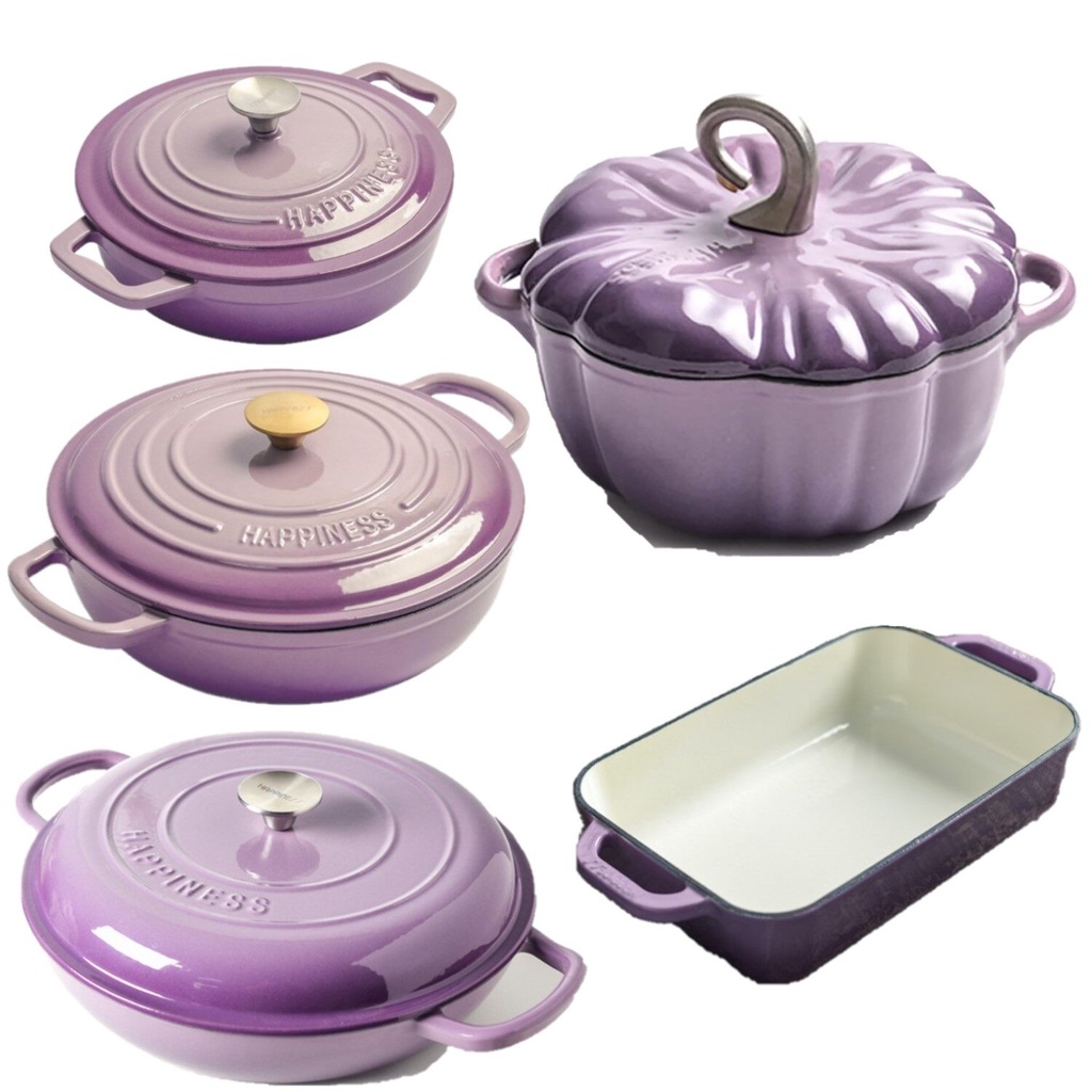 【จัดส่งในไทย/2ชิ้นจัดส่งฟรี】Enameled Cast Iron Cookware Set - 5 Pieces Gradient purple Braiser Dish, Roasting Pan &amp; Dutc
