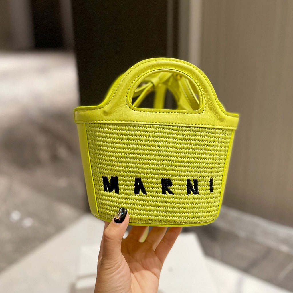 ◕Marni Mini Basket Ladies Handbag Crossbody กระเป๋าสะพายมีสไตล์ (สีเหลือง) ( กล่อง)