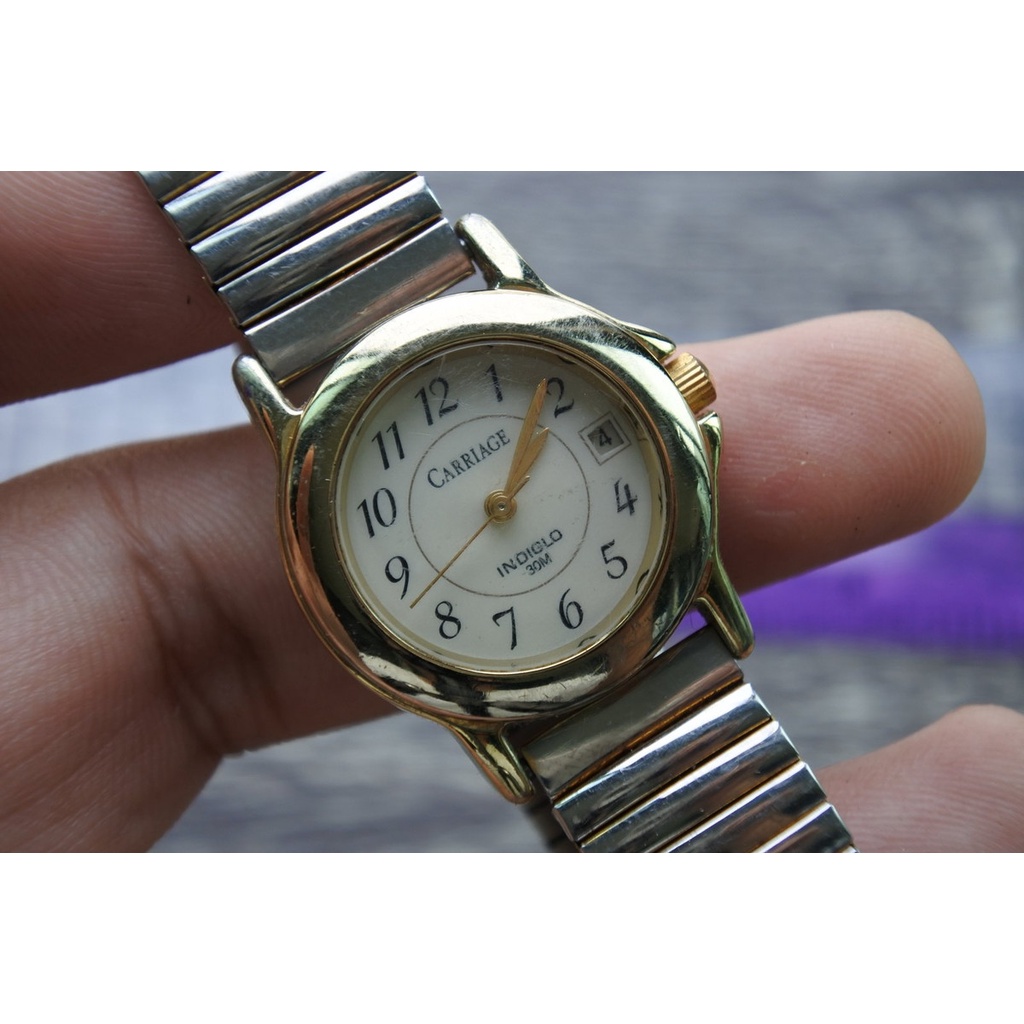 นาฬิกา Vintage มือสองญี่ปุ่น TIMEX INDIGLO ระบบ QUARTZ ผู้หญิง ทรงกลม กรอบทอง หน้าขาว หน้าปัด 28มม