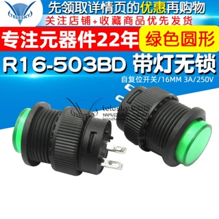 R16-503bd สวิตช์รีเซ็ตเอง พร้อมไฟ ทรงกลม สีเขียว 16 มม. 3A 250V