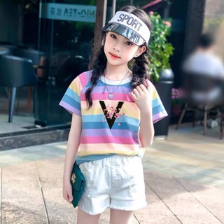 พร้อมส่ง เสื้อยืดแขนสั้น ผ้าฝ้ายแท้ พิมพ์ลาย แฟชั่นฤดูร้อน สําหรับเด็กผู้หญิง