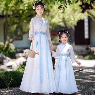 ชุดเดรส เด็กผู้หญิง Hanfu ฤดูร้อนสไตล์จีนชุดพ่อแม่ลูกสีขาวงานปักหรูหราสุดนางฟ้าชุดเดรสงานปักหรูหราแขนยาว